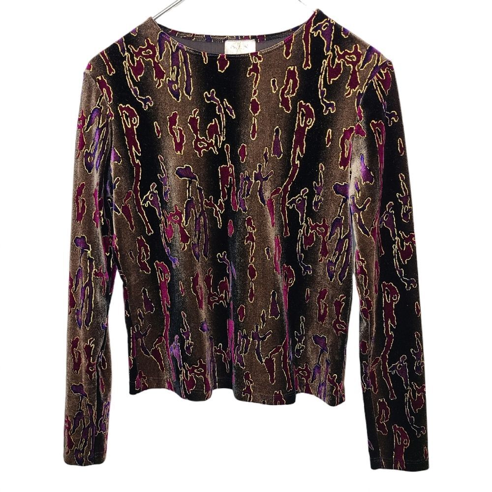 Vintage A.I.N. Women's M Brown Pink Purple Velour Made In USA Long Sleeve Top
